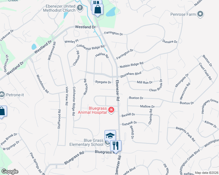 map of restaurants, bars, coffee shops, grocery stores, and more near 8800 Ryegate Drive in Knoxville