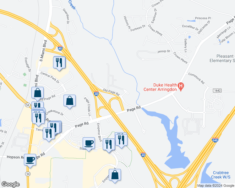 map of restaurants, bars, coffee shops, grocery stores, and more near 4953 Old Page Road in Durham