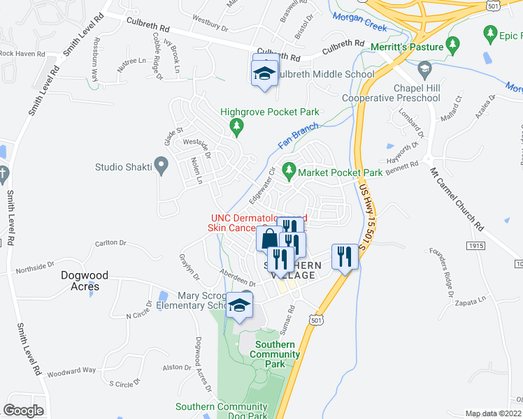 map of restaurants, bars, coffee shops, grocery stores, and more near 511 Parkside Circle in Chapel Hill