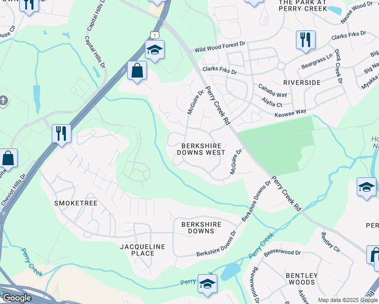 map of restaurants, bars, coffee shops, grocery stores, and more near 8210 McGuire Drive in Raleigh