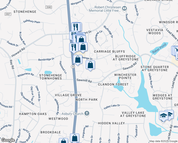 map of restaurants, bars, coffee shops, grocery stores, and more near 1500 Sawmill Road in Raleigh
