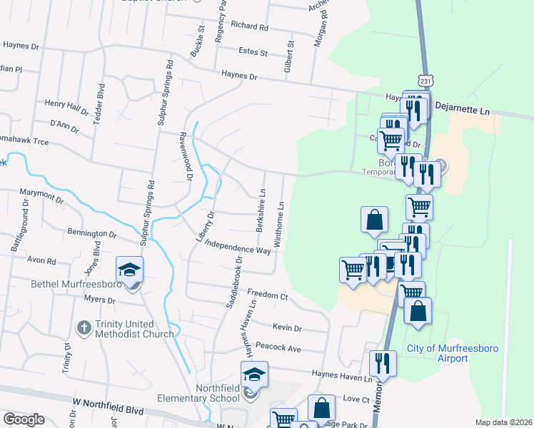map of restaurants, bars, coffee shops, grocery stores, and more near 503 Thatcher Trce in Murfreesboro