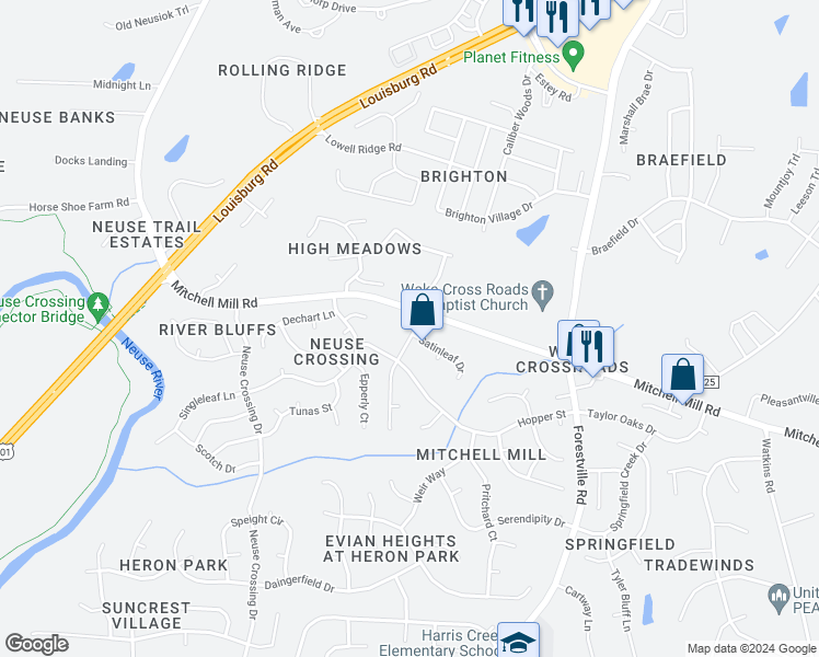 map of restaurants, bars, coffee shops, grocery stores, and more near 3725 Pinkham Way in Raleigh