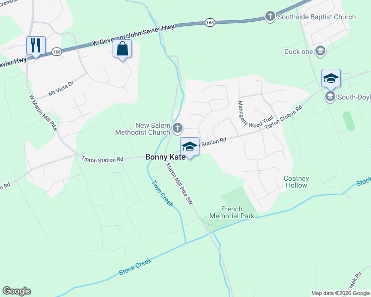map of restaurants, bars, coffee shops, grocery stores, and more near 2417 Tipton Station Road in Knoxville
