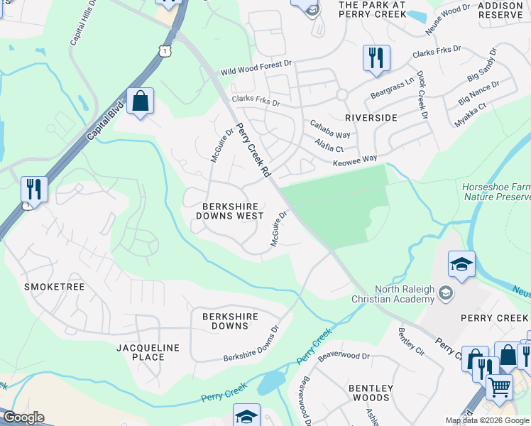map of restaurants, bars, coffee shops, grocery stores, and more near 5112 Duckworth Court in Raleigh