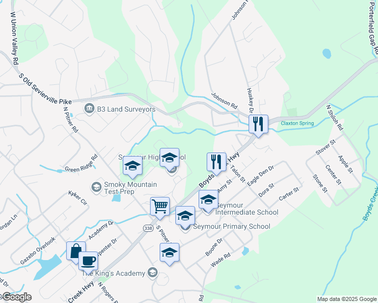map of restaurants, bars, coffee shops, grocery stores, and more near 212 North Pitner Road in Seymour
