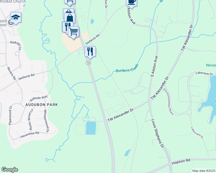 map of restaurants, bars, coffee shops, grocery stores, and more near 5529 North Carolina 55 in Durham