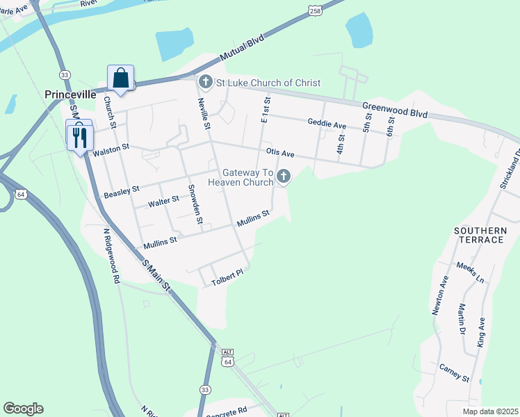 map of restaurants, bars, coffee shops, grocery stores, and more near 581 Mullins Street in Princeville
