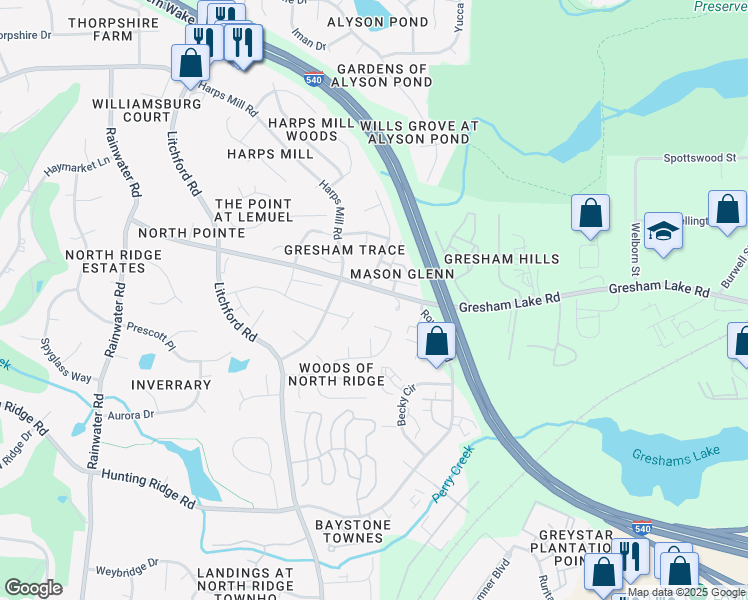 map of restaurants, bars, coffee shops, grocery stores, and more near 2512 Gresham Lake Road in Raleigh