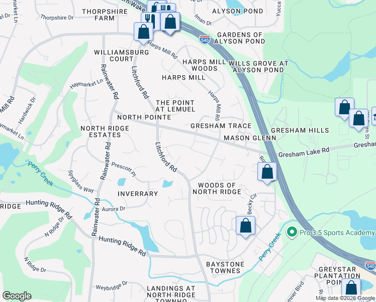 map of restaurants, bars, coffee shops, grocery stores, and more near 7608 Litchford Road in Raleigh
