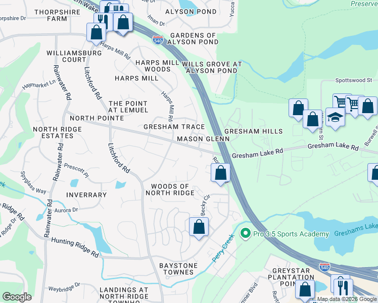 map of restaurants, bars, coffee shops, grocery stores, and more near 2512 Gresham Lake Road in Raleigh