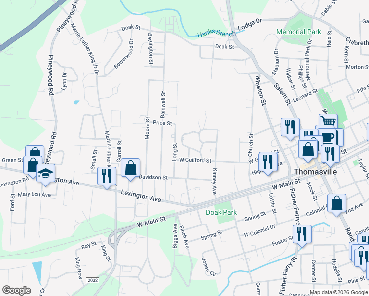 map of restaurants, bars, coffee shops, grocery stores, and more near 219 Long Street in Thomasville