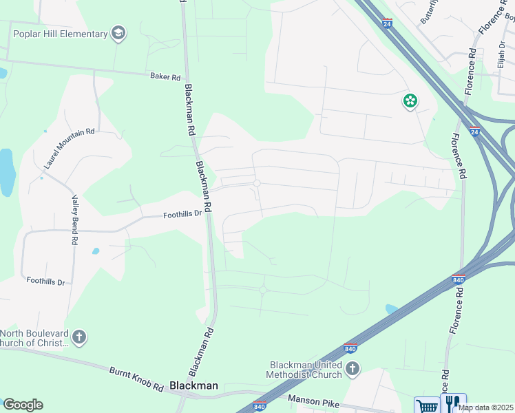 map of restaurants, bars, coffee shops, grocery stores, and more near 5732 Shelton Blvd in Murfreesboro