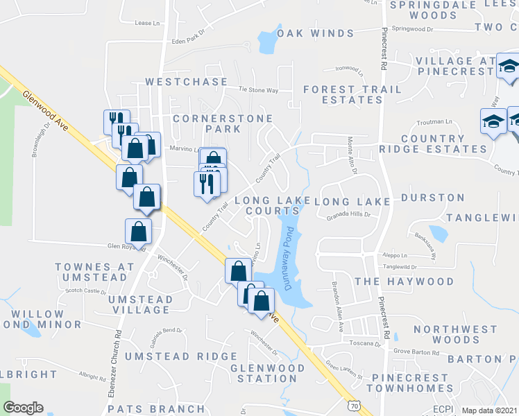 map of restaurants, bars, coffee shops, grocery stores, and more near 8206 Marvino Lane in Raleigh