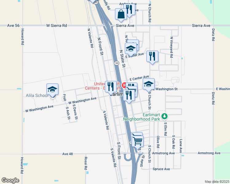 map of restaurants, bars, coffee shops, grocery stores, and more near in Earlimart