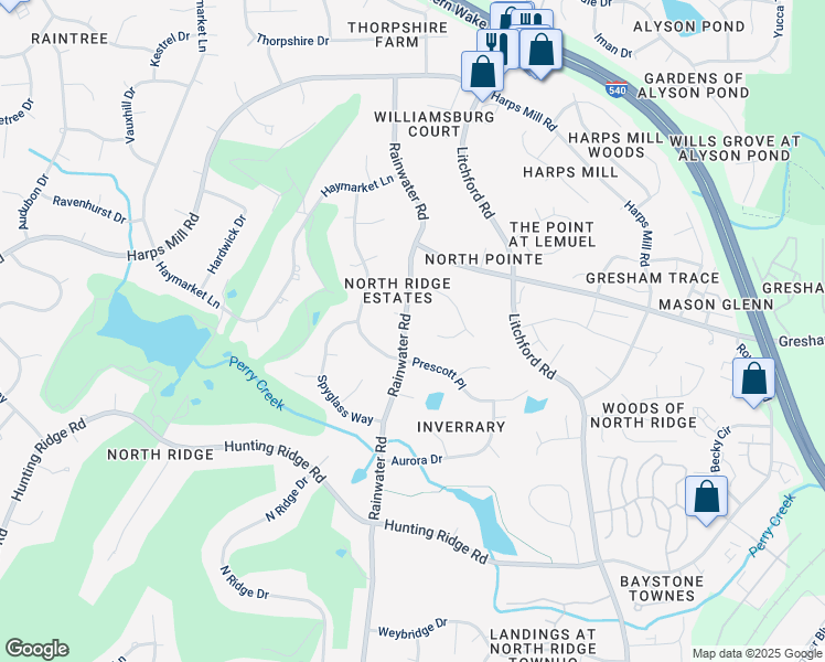 map of restaurants, bars, coffee shops, grocery stores, and more near 7408 Rainwater Road in Raleigh