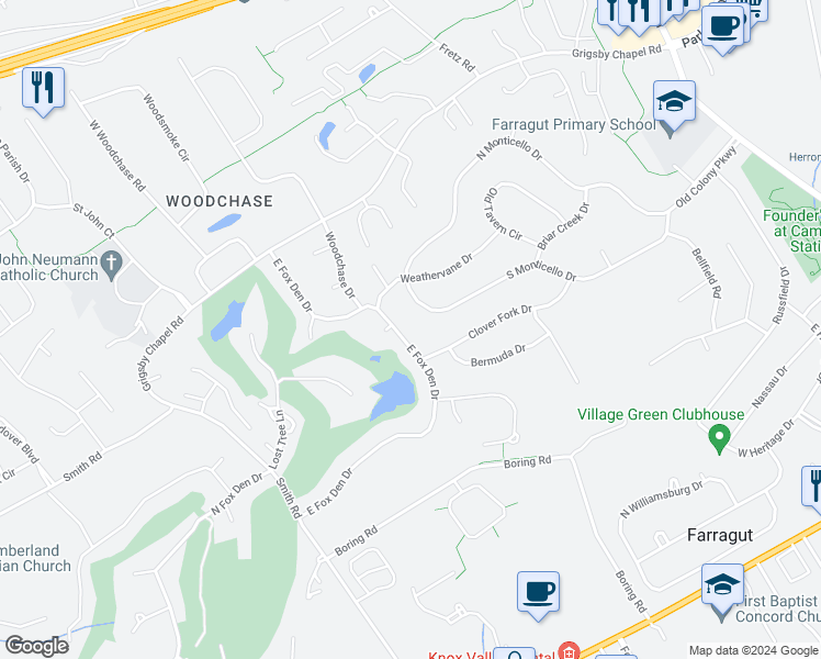 map of restaurants, bars, coffee shops, grocery stores, and more near 528 East Fox Den Drive in Knoxville