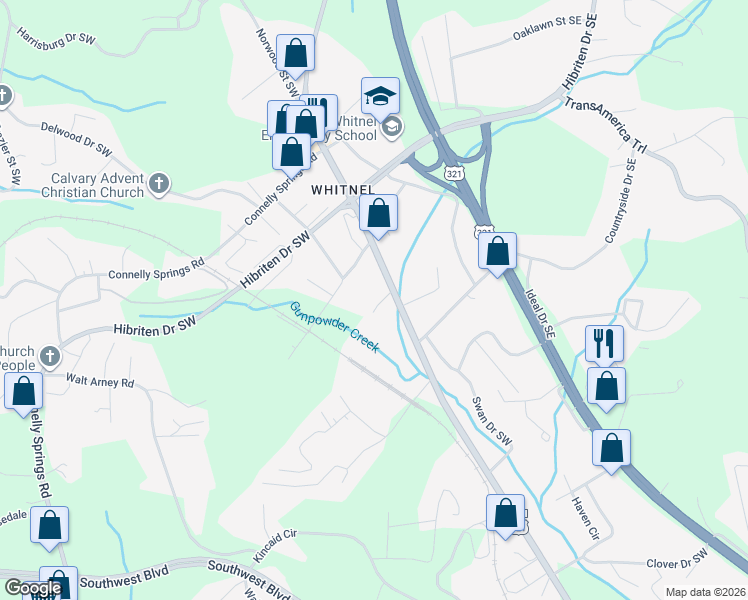 map of restaurants, bars, coffee shops, grocery stores, and more near 310 Cody Place Southwest in Lenoir