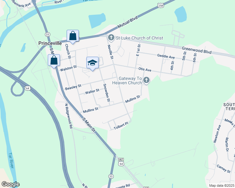 map of restaurants, bars, coffee shops, grocery stores, and more near 322 Neville Street in Princeville
