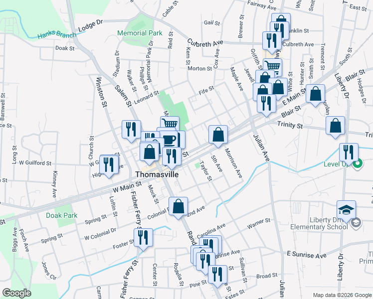 map of restaurants, bars, coffee shops, grocery stores, and more near 102 East Main Street in Thomasville