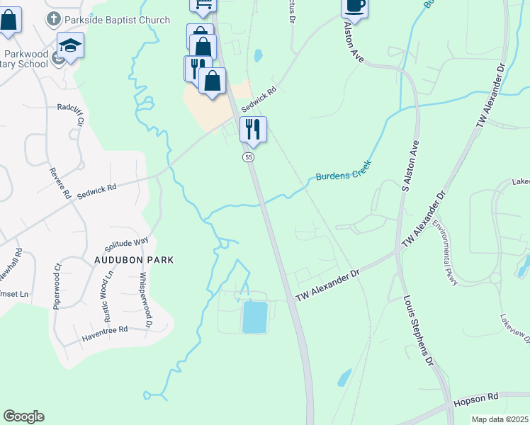 map of restaurants, bars, coffee shops, grocery stores, and more near 5781 Apex Highway in Durham