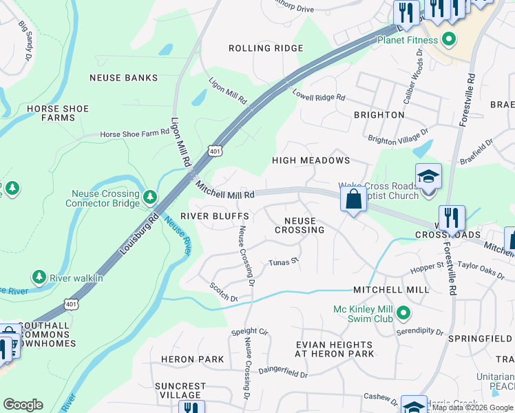 map of restaurants, bars, coffee shops, grocery stores, and more near 3521 Dechart Lane in Raleigh