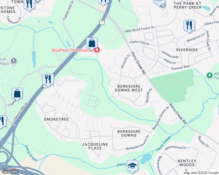 map of restaurants, bars, coffee shops, grocery stores, and more near 8225 Merriweather Circle in Raleigh