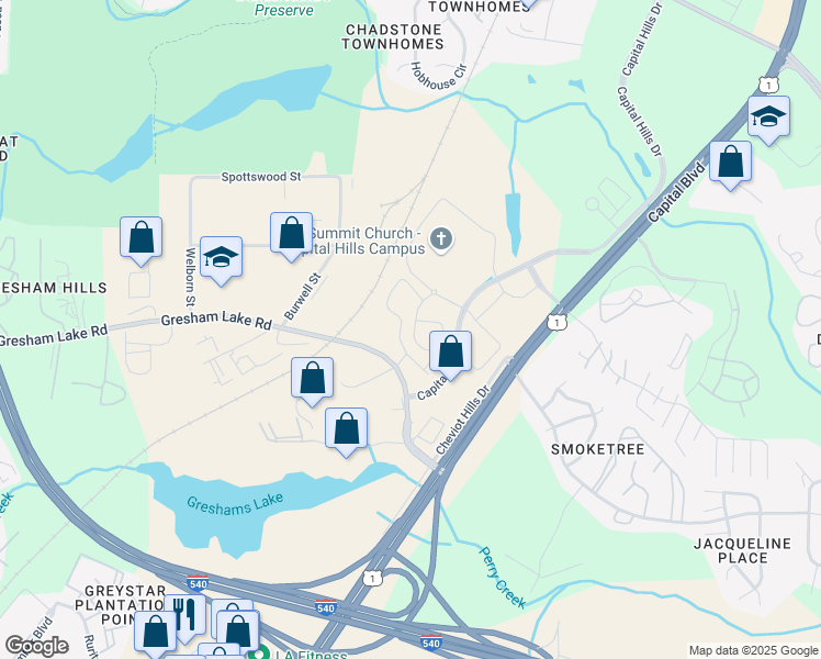 map of restaurants, bars, coffee shops, grocery stores, and more near 3901 Capital Hills Drive in Raleigh