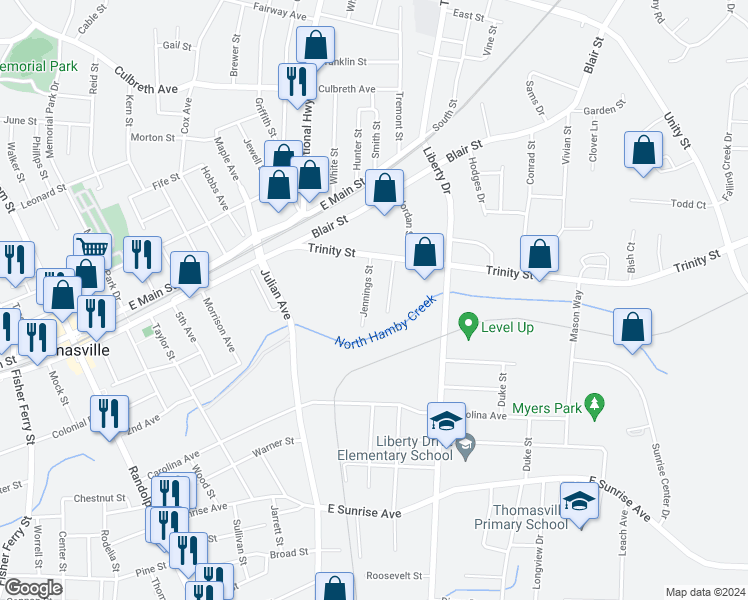 map of restaurants, bars, coffee shops, grocery stores, and more near 108 Sherman Street in Thomasville
