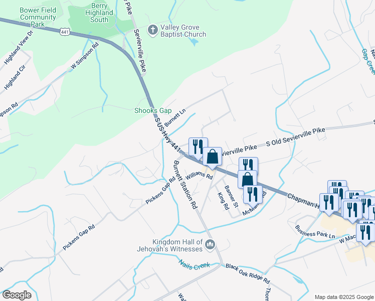 map of restaurants, bars, coffee shops, grocery stores, and more near 10132A Chapman Highway in Seymour