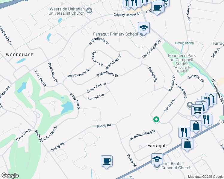 map of restaurants, bars, coffee shops, grocery stores, and more near 428 Clover Fork Drive in Knoxville