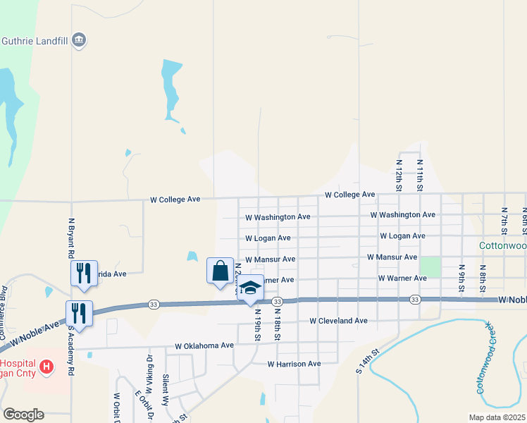 map of restaurants, bars, coffee shops, grocery stores, and more near 1924 West Washington Avenue in Guthrie