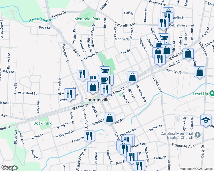 map of restaurants, bars, coffee shops, grocery stores, and more near 11 Commerce Street in Thomasville