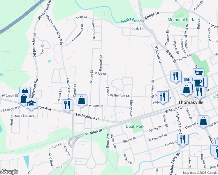 map of restaurants, bars, coffee shops, grocery stores, and more near 219 Long Street in Thomasville