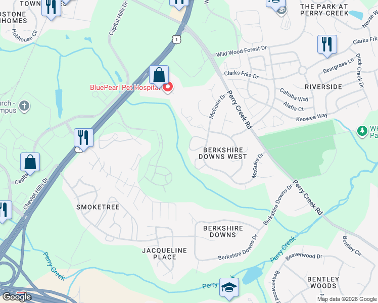 map of restaurants, bars, coffee shops, grocery stores, and more near 8225 Merriweather Circle in Raleigh