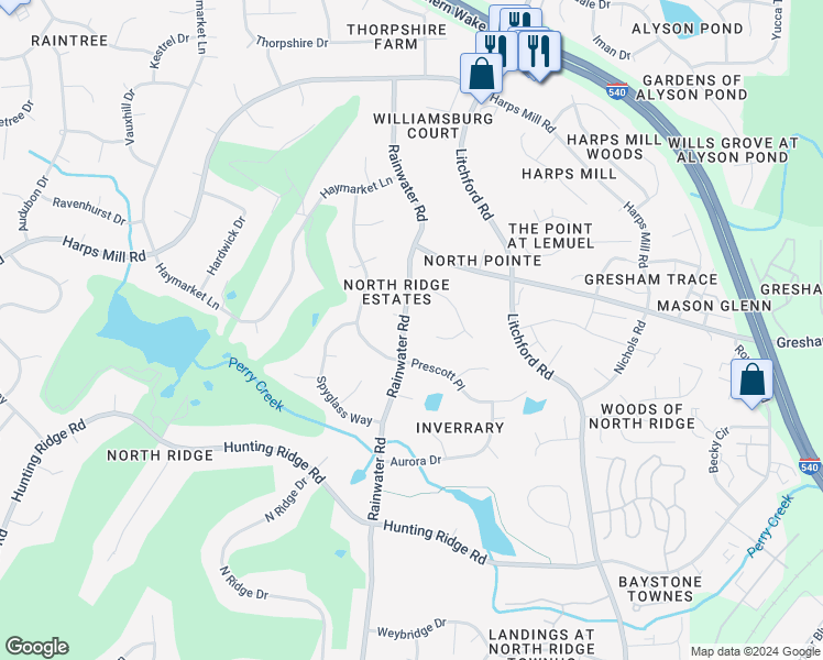 map of restaurants, bars, coffee shops, grocery stores, and more near 7408 Rainwater Road in Raleigh