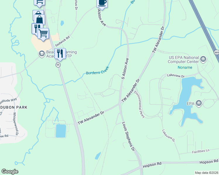 map of restaurants, bars, coffee shops, grocery stores, and more near 600 Falls Pointe Drive in Durham