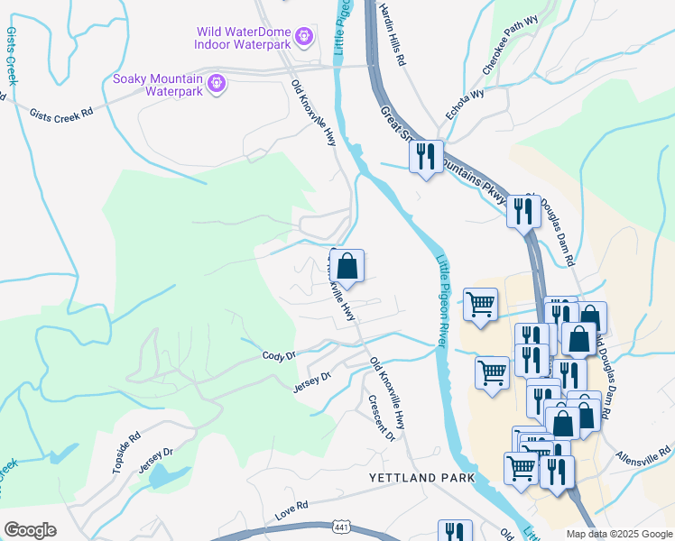 map of restaurants, bars, coffee shops, grocery stores, and more near 1110 Old Knoxville Highway in Sevierville