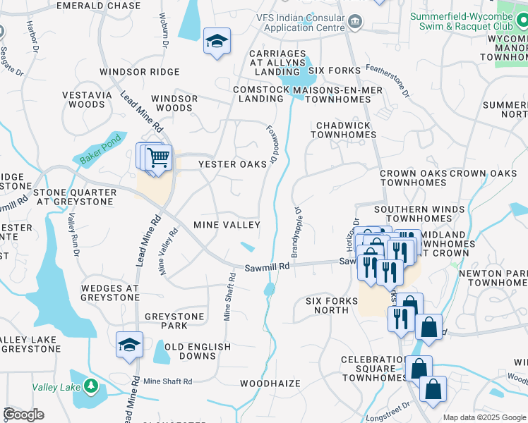 map of restaurants, bars, coffee shops, grocery stores, and more near 7804 Foxwood Drive in Raleigh
