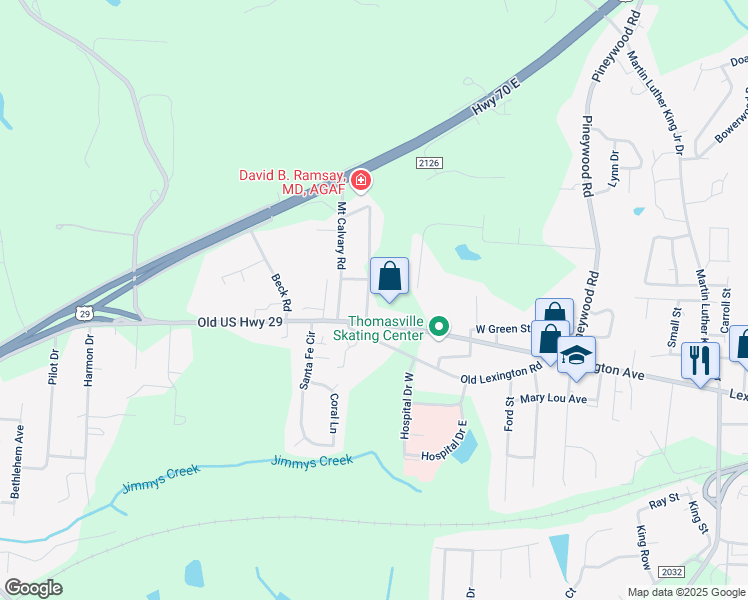 map of restaurants, bars, coffee shops, grocery stores, and more near 107 Forest Park Drive in Thomasville