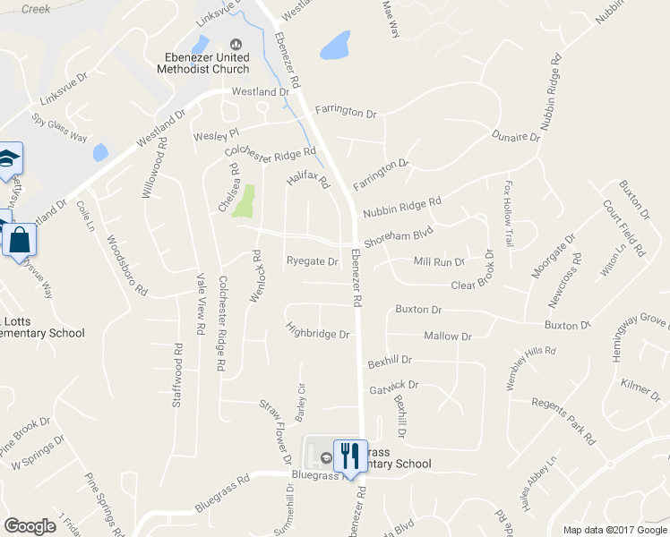 map of restaurants, bars, coffee shops, grocery stores, and more near 8800 Ryegate Drive in Knoxville