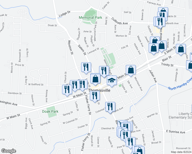 map of restaurants, bars, coffee shops, grocery stores, and more near North Carolina 109 in Thomasville