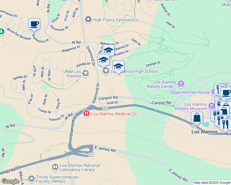 map of restaurants, bars, coffee shops, grocery stores, and more near 3700 Canyon Road in Los Alamos