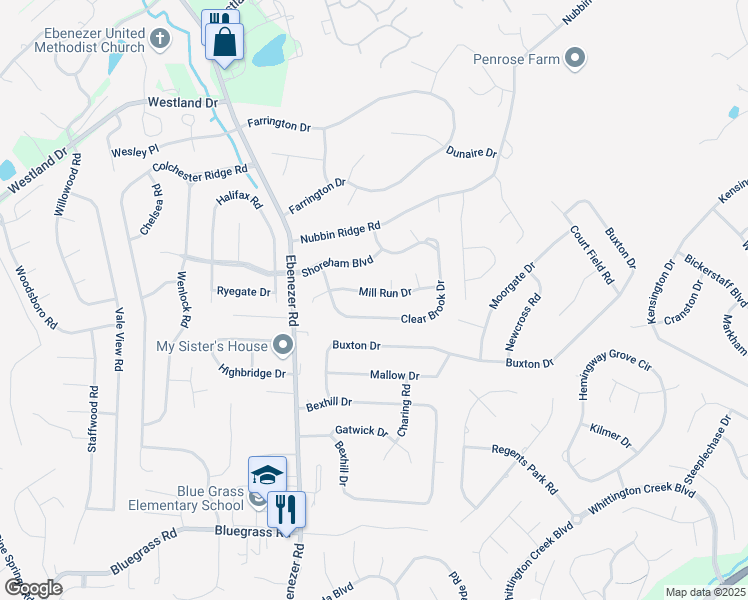 map of restaurants, bars, coffee shops, grocery stores, and more near 8808 Mill Run Drive in Knoxville