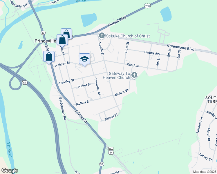 map of restaurants, bars, coffee shops, grocery stores, and more near 322 Neville Street in Princeville
