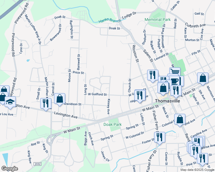 map of restaurants, bars, coffee shops, grocery stores, and more near 208 Kinney Avenue in Thomasville