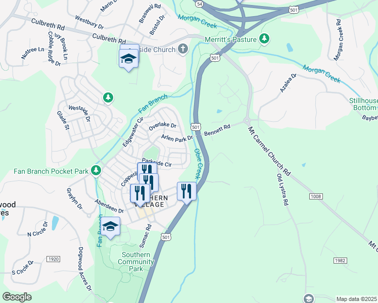 map of restaurants, bars, coffee shops, grocery stores, and more near 101 Parkside Court in Chapel Hill