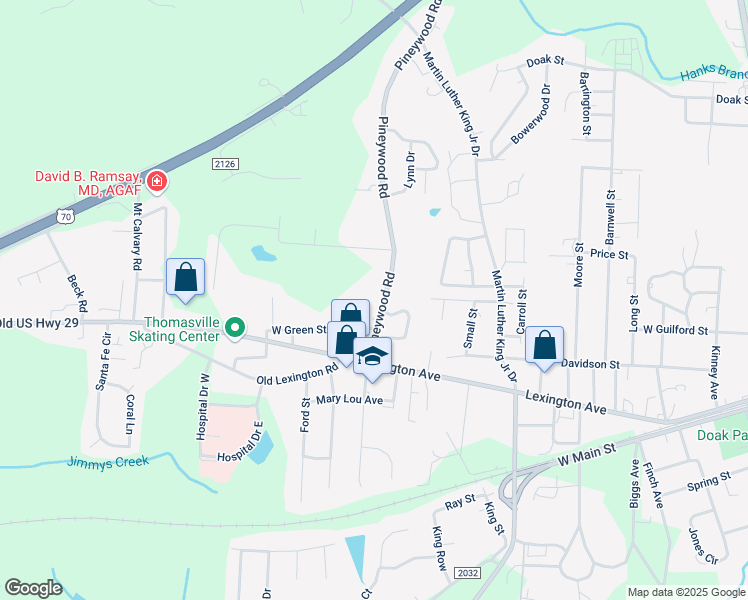 map of restaurants, bars, coffee shops, grocery stores, and more near 305 Pineywood Road in Thomasville