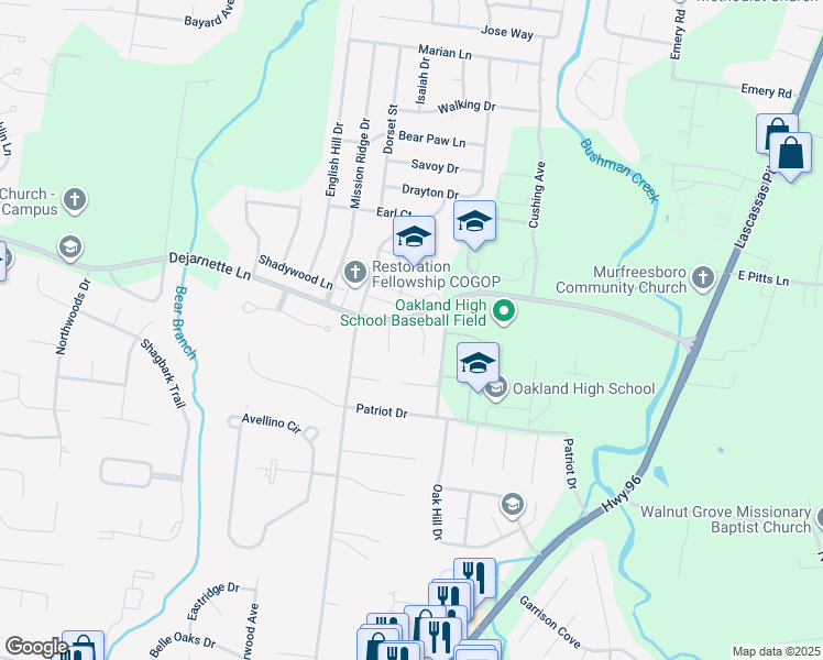 map of restaurants, bars, coffee shops, grocery stores, and more near 748 Dejarnette Lane in Murfreesboro