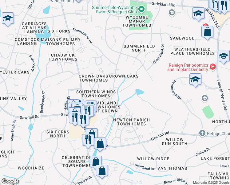 map of restaurants, bars, coffee shops, grocery stores, and more near 7766 Sandra Lane in Raleigh